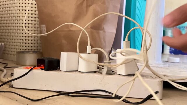 Hand Organizing Tangled Smartphone Charger Cable on Power Strip