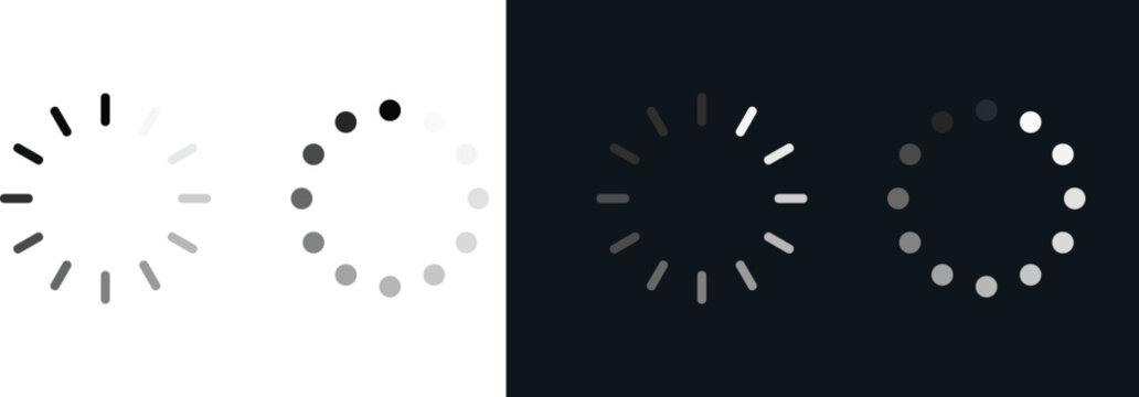 Loading Progress Indicator Icons Set. Circular Preloader Buffering Symbols in Line and Dot Style, Minimalist Black and White UI UX Waiting Animation Vector