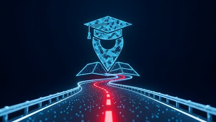 Digital glowing graduation cap icon situated atop a futuristic location pin marking the path along a neon-lit highway towards educational achievement and success.