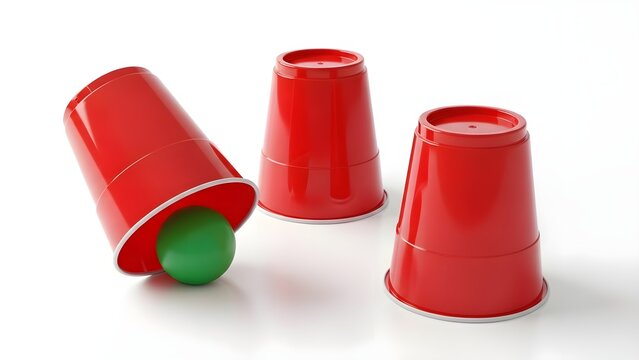 Three bright red plastic cups sit on a white surface with a small green ball revealed underneath the overturned cup illustrating a classic shell game challenge.
