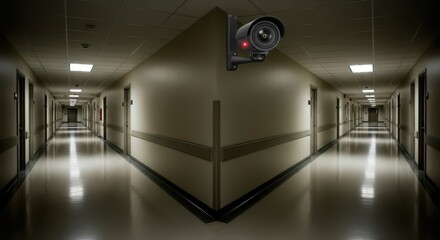 Surveillance device monitors a long, dimly lit interior corridor with symmetrical doorways.