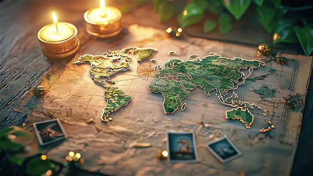 World map with golden edges on vintage old paper surrounded by candlelight and travel photos creating warm nostalgic atmosphere and cozy light