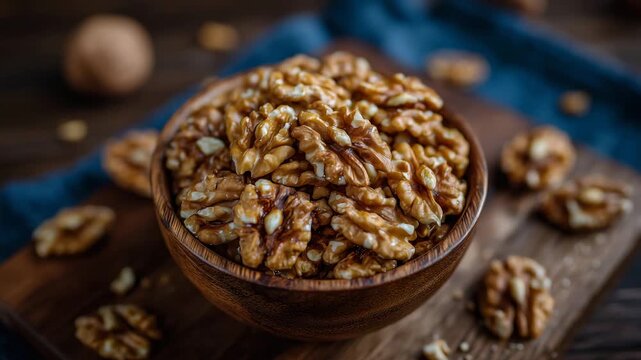 312Overhead shot of a wooden bowl filled with walnuts, some cracked open showing kernels, scattered shells around, soft diffuse light, rustic kitchen scene