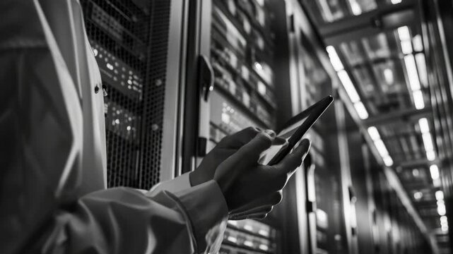 A person in a white uniform examining and adjusting server hardware in a data center environment.