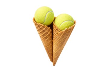 Two tennis balls in waffle cones, sports meets ice cream novelty, isolated on a transparent background