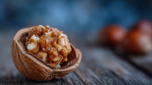 314Macro of a single hazelnut, shell and nut visible, placed on a dark wooden surface, shallow depth of field emphasizing natural texture, minimalist food composition