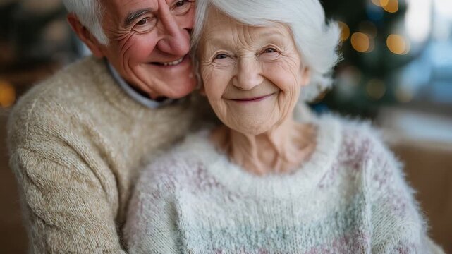316Cropped shot of senior couple arm-in-arm, soft pastel sweaters in harmonious tones, gentle natural lighting, wrinkles and expressions conveying warmth and lifelong partnership