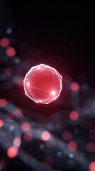 Mysterious abstract red glowing sphere with digital network structure. This technology and science particle floats on dark background creating powerful and futuristic sense
