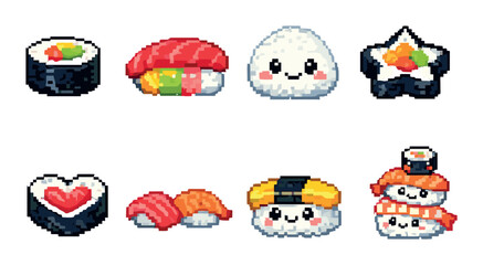 Cute pixel art sushi icons featuring adorable faces in various styles