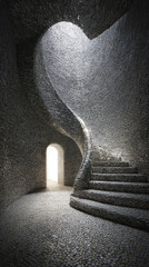 Mysterious spiral staircase in stone interior architecture. heart shape opening creates dramatic light and shadow, symbol of hope and love on spiritual journey