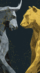 Digital illustration of polygonal bull and bear in face off. This powerful art symbolizes stock market trends, finance, trading, investment, and economic concepts