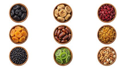 Obraz premium Assortment of Dried Fruits and Nuts in Wooden Bowls Overhead View