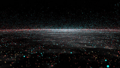 Serene abstract digital landscape with glowing horizon line and glowing particles. This background feels futuristic, technological, and vast, evoking sense of wonder