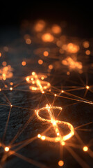 Glowing dollar sign in digital network of finance and technology. An abstract background representing modern currency system, money, and sophisticated investment concept