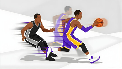 Fototapeta premium Dynamic Illustration of a Basketball Player Dribbling Past an Opponent with Motion Blur