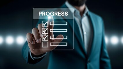Businessman interacting with a digital progress checklist