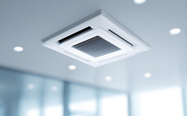 Modern white ceiling air conditioner unit provides cool ventilation. This HVAC system with air duct and grille offers climate control technology for comfortable indoor office