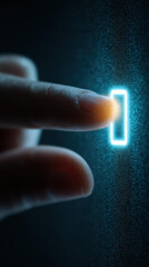 Human finger about to touch glowing blue button, switch for power and new technology. futuristic concept of control with bright light, feeling of anticipation