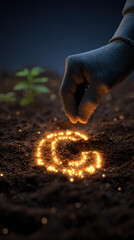 Hopeful concept of future growth and innovation. hand planting glowing seed or symbol in soil, representing new technology or beginning for startup