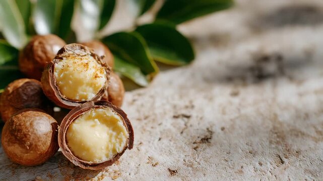 325Macro of macadamia nuts on a marble countertop, some halved to show creamy interior, soft light highlighting natural textures, luxury snack concept