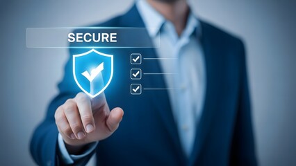 Businessman interacting with a secure digital shield interface