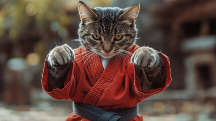 Serious tabby cat dressed in red martial arts kimono posing with expression outdoors in autumn, concept of funny pets, karate and kung fu
