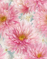 Elegant Pink Chrysanthemum Seamless Pattern. Hand-painted floral background with gold glitter accents for luxury design.