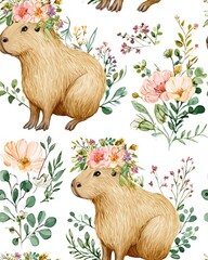Adorable Watercolor Capybara with Floral Crown, Seamless Pattern. Cute Hand-Drawn Animal and Botanical Illustration.