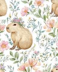 Cute Capybara with Floral Crown Watercolor Seamless Pattern. Whimsical botanical animal print for textile and wallpaper design.