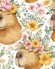 Charming Capybara with Flower Crown Seamless Pattern. Cute Floral Animal Illustration for Wallpaper and Fabric.