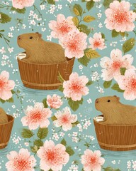 Cute Capybara Relaxing in Japanese Onsen Seamless Pattern with Pink Cherry Blossom Flowers