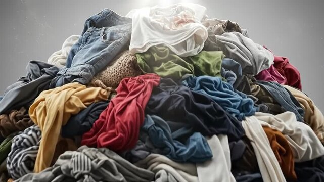 Large pile of assorted clothing items, including shirts, pants, and sweaters, on a neutral background.