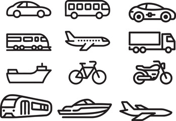 Fototapeta premium Collection of nine simplified black line transportation on white background train airplane truck