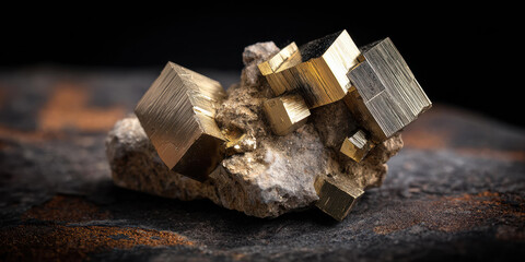 Mesmerizing macro view of raw pyrite mineral, cluster of golden cubic crystals on rock. This shiny fool gold stone inspires awe with its natural metallic beauty