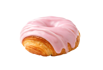 Pink frosted croissant donut hybrid pastry with glaze drizzle sweet bakery, isolated on a transparent background