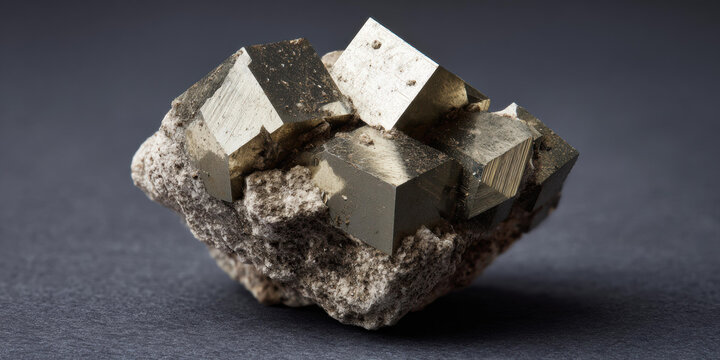 Stunning golden pyrite crystal, natural metallic mineral nugget. This cubic stone and rock specimen shows its valuable geology, beautiful raw gem closeup on grey background