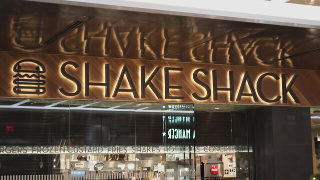 New York, NY -  Dec. 20, 2025: Shake shack restaurant front entrance signage at Hudson Yards