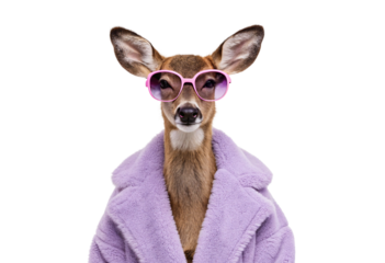 Deer wearing pink sunglasses purple bathrobe fashion animal humor concept portrait, isolated on a transparent background