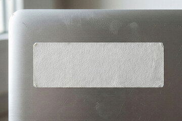 Blank rectangular paper sticker mockup on silver laptop lid