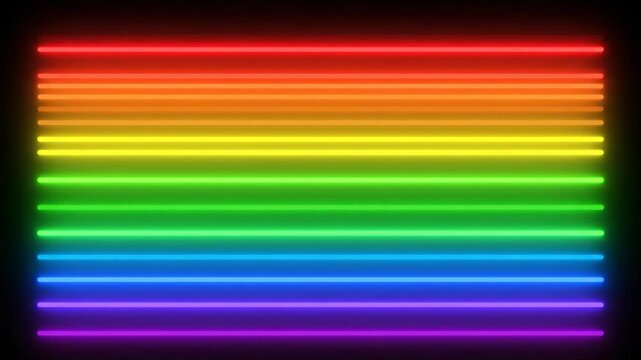 Colorful glowing neon tubes arranged as a rainbow flag flickering on a dark background