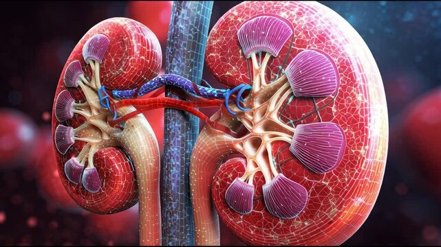 Vivid 3D illustration of human kidney anatomy, highlighting essential internal structures and the renal vascular system for medical study and health education