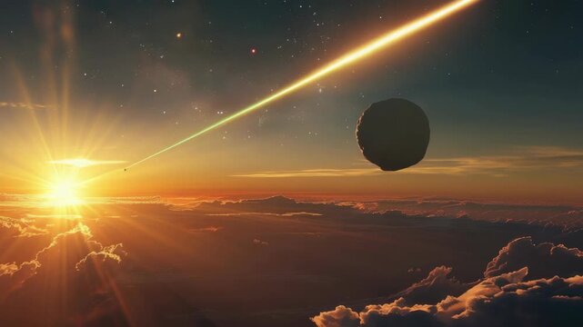 Spectacular of a meteorite streaking across the sky during sunrise, casting an eerie glow over the clouds.