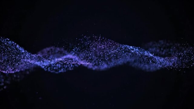 Seamlessly looping slow motion wave of iridescent electric blue and violet quantum particles flowing through dark space energy, stream, quantum