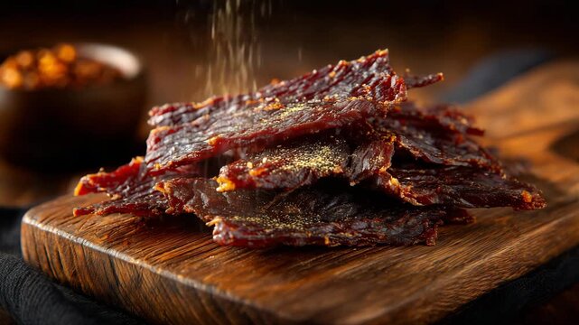 346Close-up of sliced beef jerky on a rustic wooden board, rich textures and fibers visible, natural light highlighting deep brown tones, casual snack concept