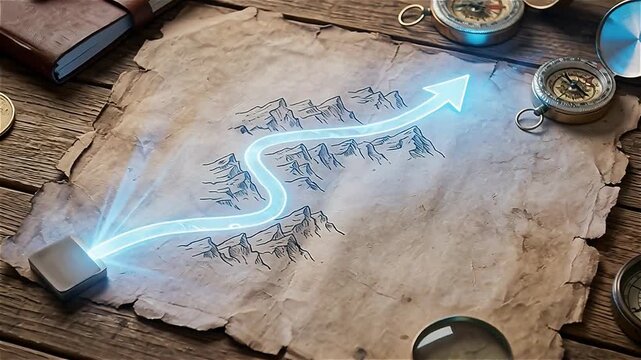 Ancient map with mountain sketches glowing path arrow compass magnifying glass old paper wooden table vintage navigation adventure exploration concept
