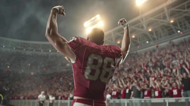 A male football player is backlit as he celebrates his triumph in front of bright stadium lights