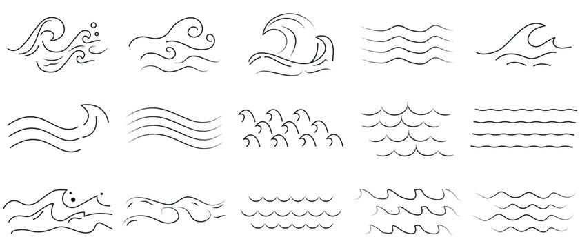 wave icons set .Out line icon of Water waves, ocean wave and splashes nautical storm black tattoo symbols. Water tribal tidal streams with breeze swirls. Vector illustration.