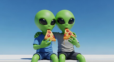 Two green aliens enjoying slices of pepperoni pizza together outdoors