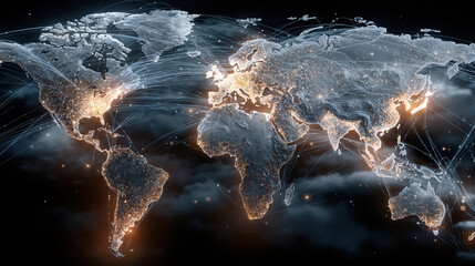 Global network connectivity visualization with illuminated world map and data flow