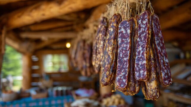 356Wide shot of assorted dried sausages hanging in a rustic kitchen, different shapes and sizes, natural ambient light, traditional curing and artisanal concept